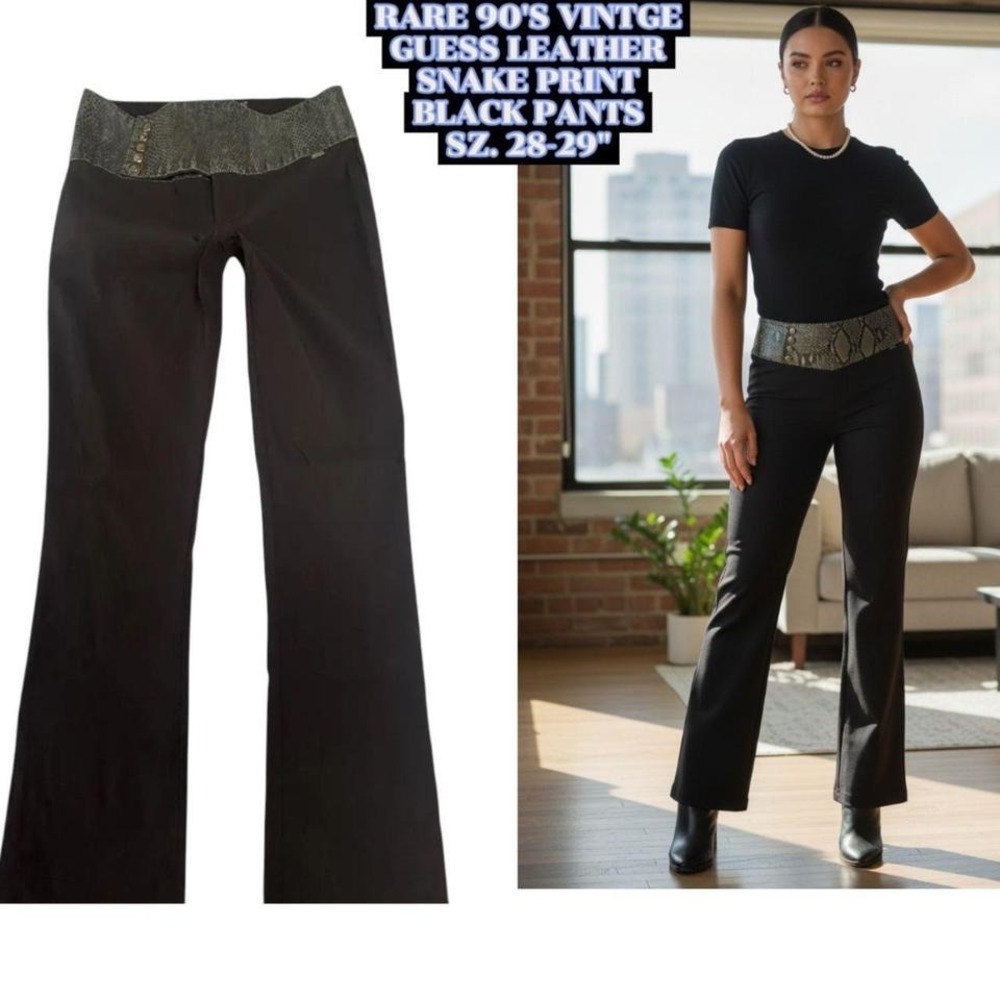 90's vintage rare GUESS BLACK LOW RISE SNAKE PRINT LEATHER TRIM PANTS SZ. 28-29"